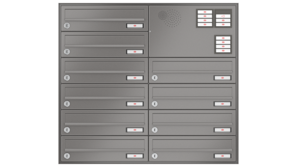 RENZ Briefkastenanlage Unterputz, Schattenfugenrahmen, Kastenformat 370x110x270mm, mit Klingel - & Lichttaster und Vorbereitung Gegensprechanlage, 10-teilig,